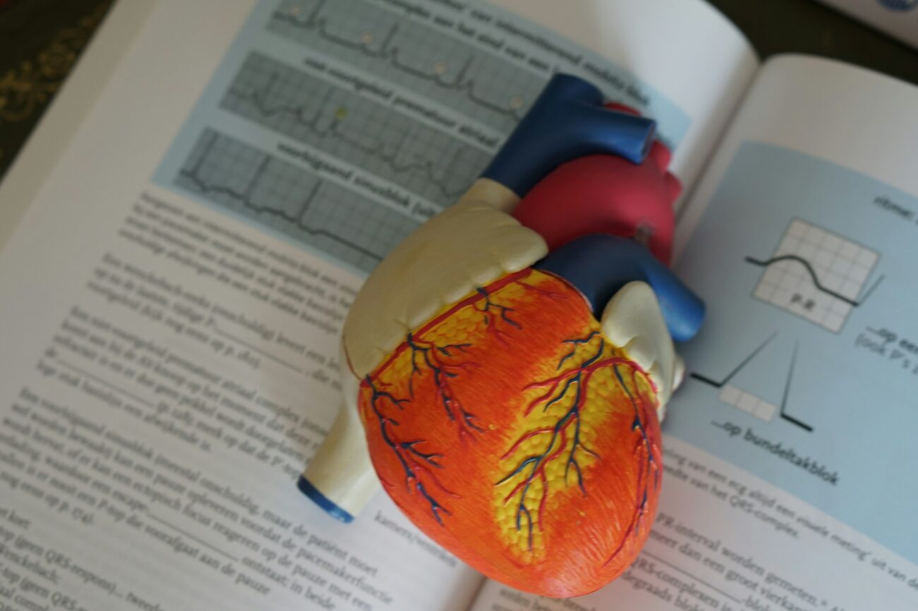 A plastic model of the human heart lying on an open cardiology textbook with ECG tracings